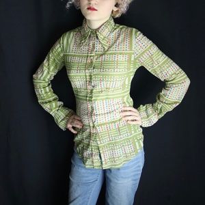 Vintage semi sheer green 70's disco shirt HUK A POO hukapoo sz XS/xxs